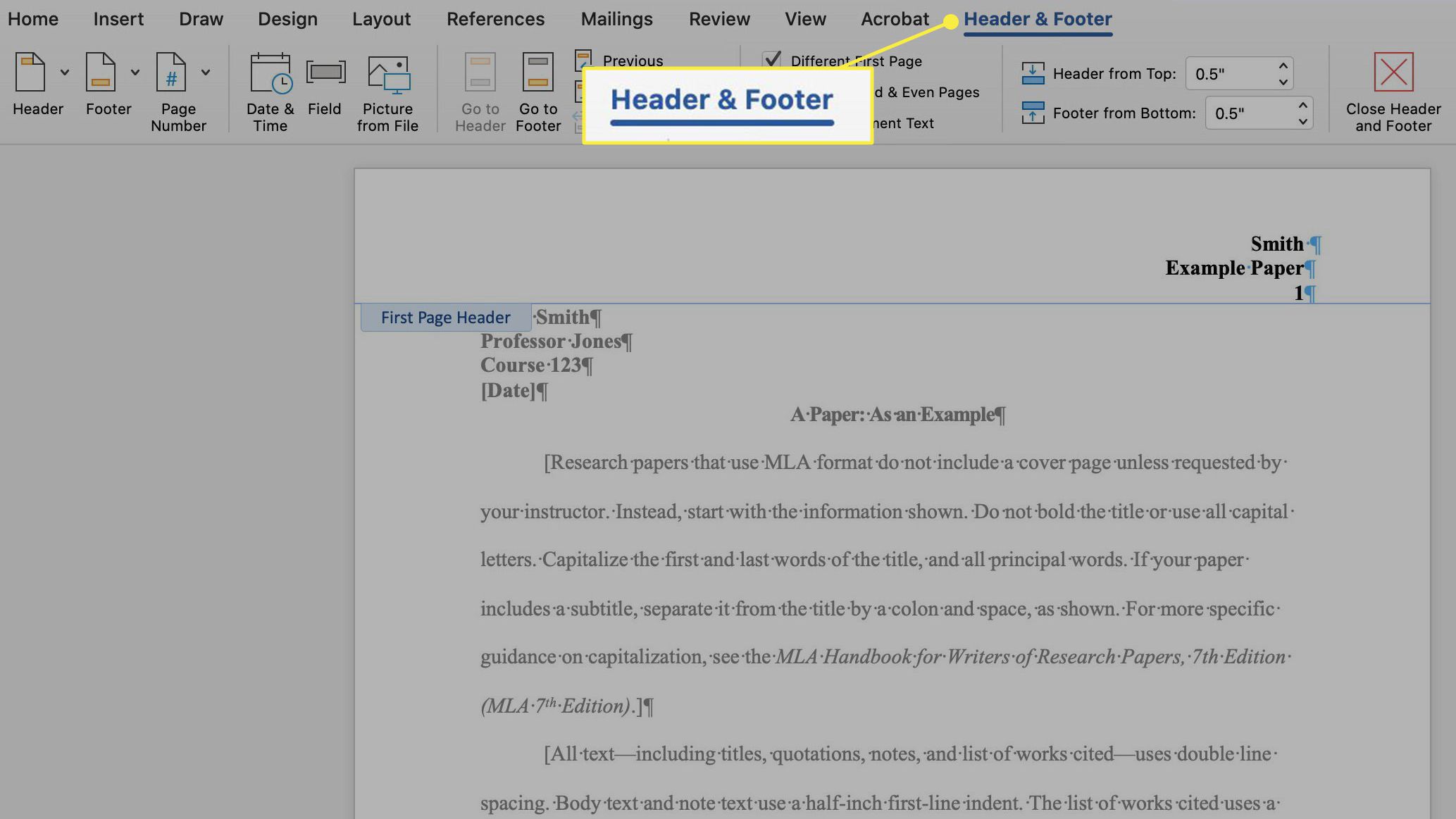 different first page header on word for mac